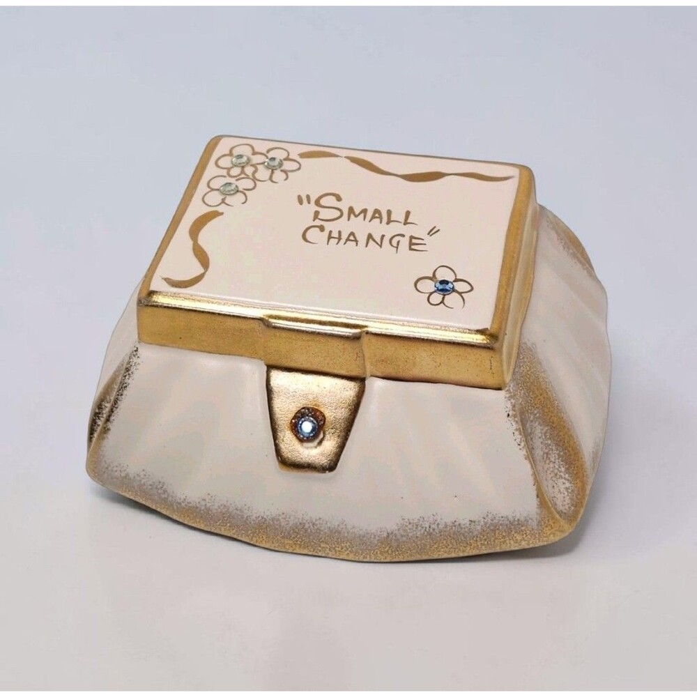 N.S. Gustin Co 1958 "Small Change" Ceramic Coin Purse Bank Pink Gold Rhinestone